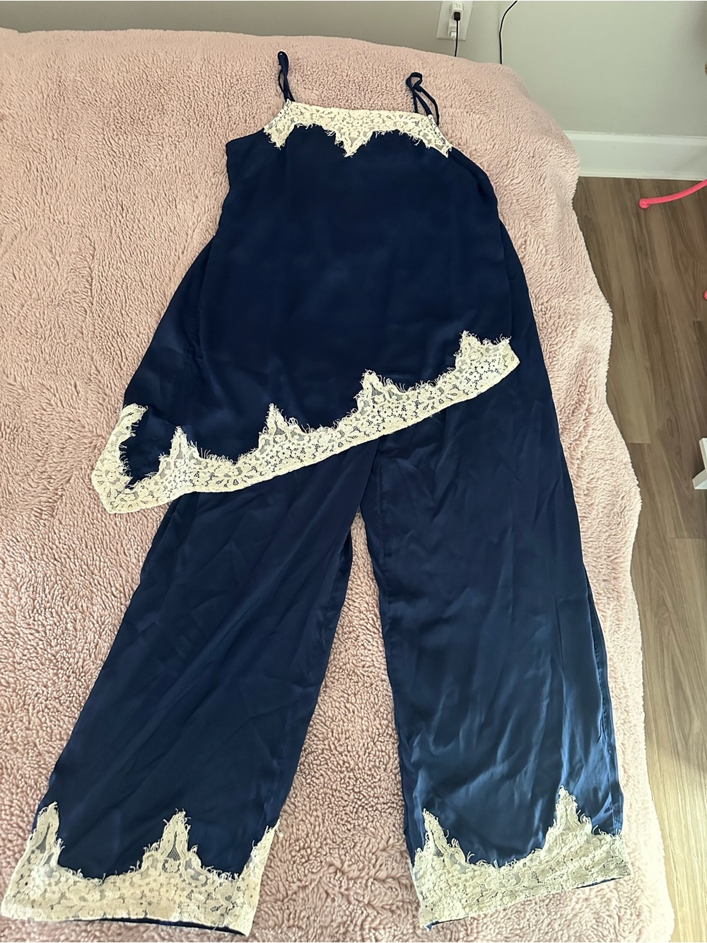 Anthropologie Navy Satin Wide-Leg Pajama Set with Cream Lace Trim
